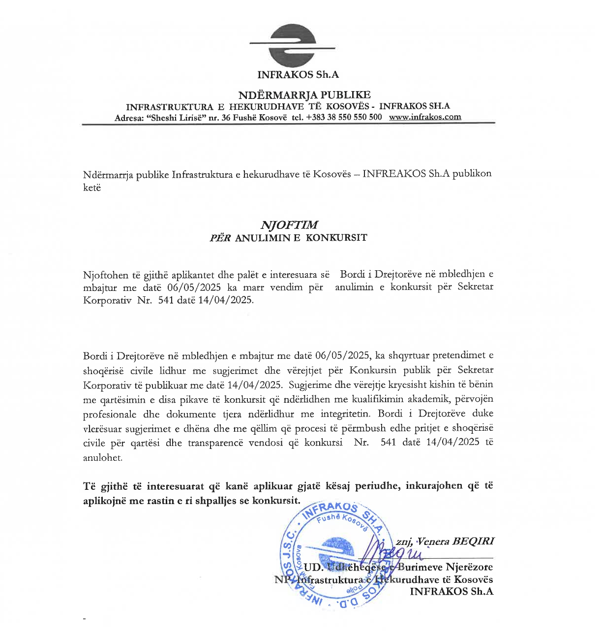 Anulimin e konkursit për Sekretar Korporativ